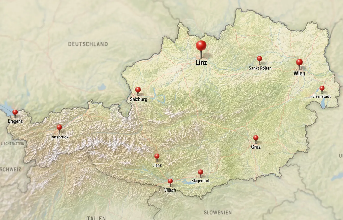Karte von Österreich mit den Einsatzorten von Richtsfeld & Partner